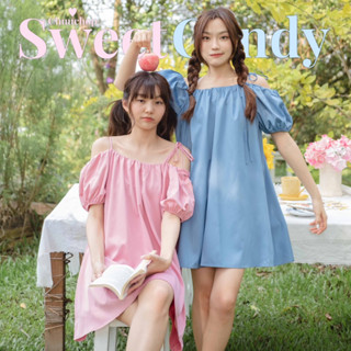 chuuchop_พร้อมส่ง(C7840)✨🥣🌷Sweet candy dress ชุดเดรสสั้นเว้าไหล่ แต่งผูกโบว์ไหล่ มี2สี