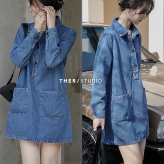 🌈🌿🌼🌸🌺💙🇰🇷 Jeans Mini Dress Shirt Pocket Long Sleeve