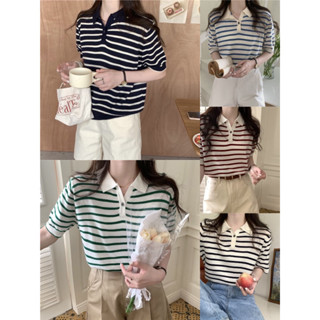 heygirlshop.th เสื้อคอปกแขนสั้น ผ้าไหมพรมลายทาง  แฟชั่นสไตล์เกาหลี