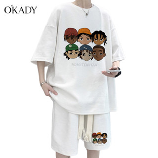 OKADY เสื้อยืดผู้ชายแขนสั้นแฟชั่นสไตล์เกาหลีกีฬาลำลองหลวมกางเกงขาสั้นอินเทรนด์แบรนด์สูทสองชิ้น