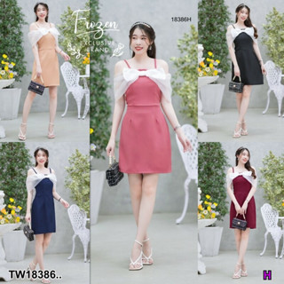 MM18386 เดรสสั้นอกแต่งโบว์ผ้าแก้ว Short dress with bow decorated with glass fabric..