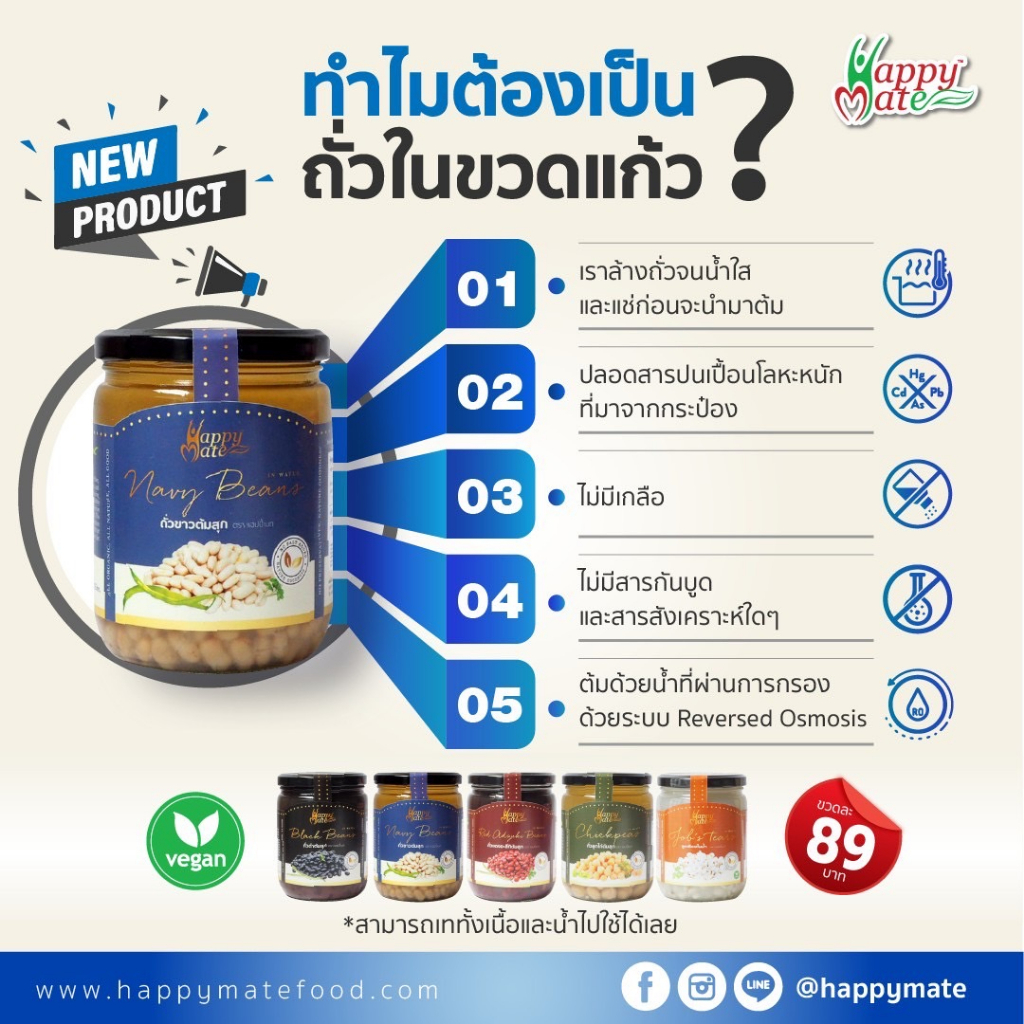 (ขายส่ง)Vegan ถั่วขาวต้มสุก บรรจุในขวดแก้ว 500g