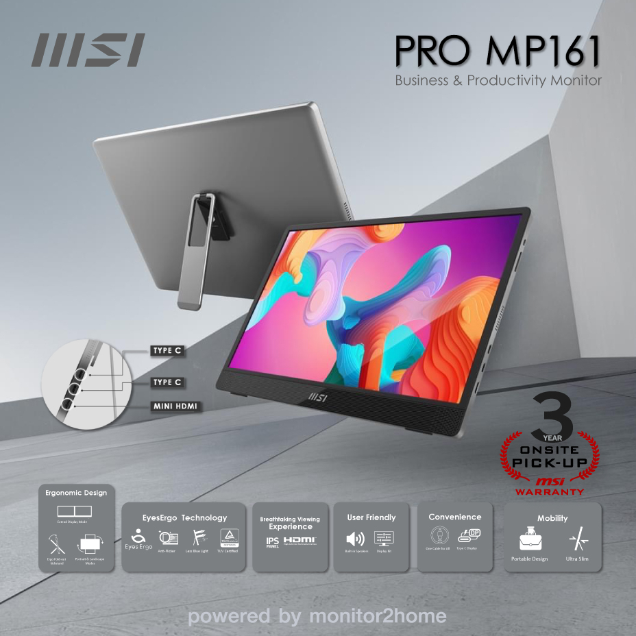 MSI PRO MP161 15.6" Portable Monitor, Adjustable kickstand, FHD (1920 x 1080), 60Hz, IPS, 2x USB-C, Mini HDMI, Speakers, Anti-Flicker, Less Blue light, Black