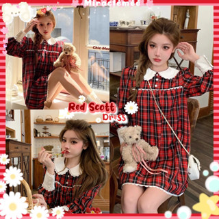 Red Scott Dress พร้อมส่ง เดรสคอบัวลายสก็อต แขนยาวแต่งปลายขาว ชุดโทนสีแดงดำ เดรสคอปก เดรสกระโปรง เดรสงานป้าย