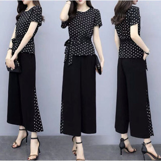 ชุดเข้าเซ็ท ลายจุด Polka Dot set 2 ชิ้น แถมฟรี ผ้าผูกเอว มีกระเป๋ากางเกง ใส่สบาย ใส่ได้หลายงาน สวย