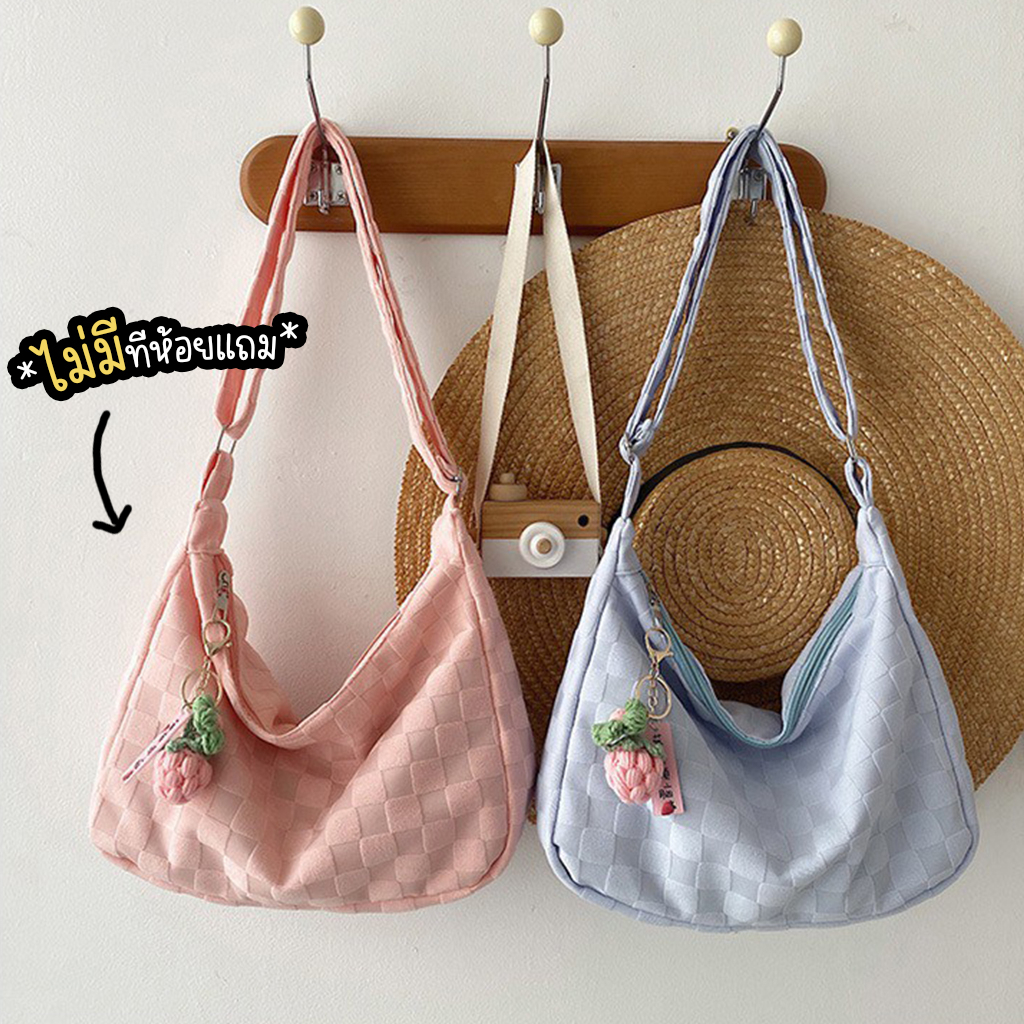 SIAMBAGSHOP(S1843) กระเป๋าสะพายข้างผ้าฝ้ายสีพื้นลาย-เส้นตาราง สไตล์เกาหลี(ไม่มีที่ห้อยแถม)