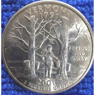 เหรียญ​หมุนเวียน​ USA.​ 0.25​USD, State Quarter, Vermont, #0791T, ใช้แล้ว​