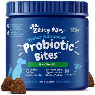 Zesty Paws Senior Advanced Probiotic Bites for Dogs, Gut Health, Chicken, 90 Soft Chews