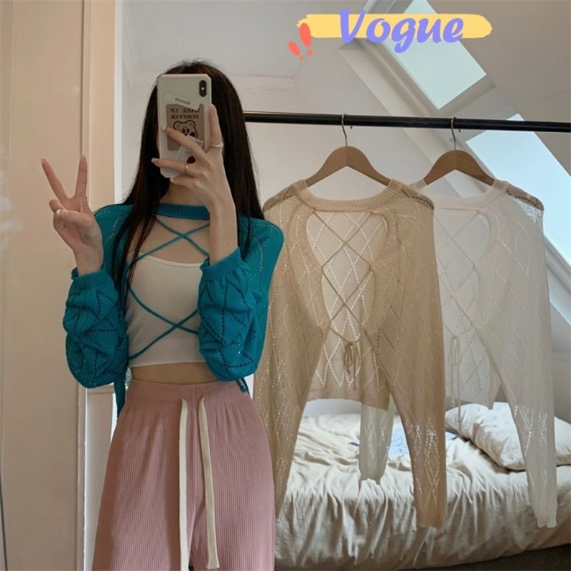 Vogue พร้อมส่ง  เสื้อคลุมไหมพรม ซีทรูดีเทลระบายสามเหลี่ยม คาดเชือกเท่ๆ (Q620) -C