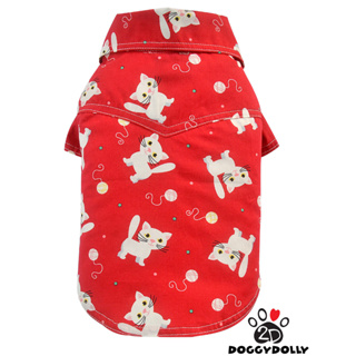 Petcloths -Doggydolly  เสื้อผ้าแฟชั่น สัตว์เลี้ยง ชุดน้องหมาน้องแมว เสื้อเชิ๊ต คอปก สีแดง ลายเหมียว ไซส์ 1-9 โล  S125