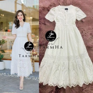 เดรสขาวงานบุญ!!! S-6XL Maxi Dress เดรสสีขาวผ้าฉลุลายกระดุมหน้า งานป้าย Tarm Ha