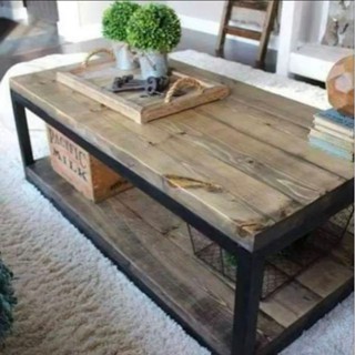 โต๊ะกลางโซฟาไม้จริง 2ชั้น โครงขาเหล็ก Coffee table