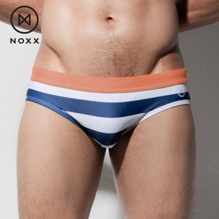 Noxx Swim Briefs: กางเกงว่ายน้ำ บรีฟ แถบสีน้ำเงินขาว ขอบเอวสีส้มนู๊ด