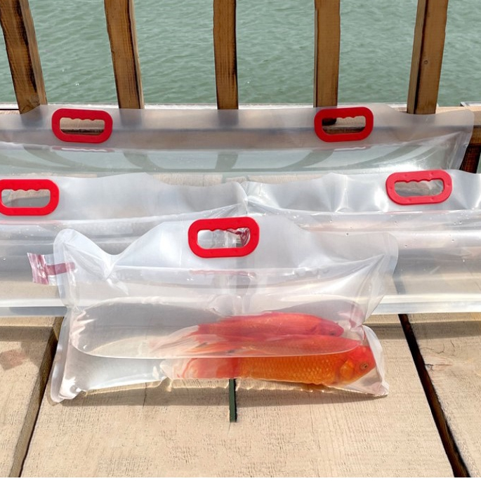 ถุงสำหรับส่งปลา-กุ้ง แบบมีหูหิ้ว ความหนา 450 ไมครอน/ 0.45 mm. [แพ็ค 10 ชิ้น]