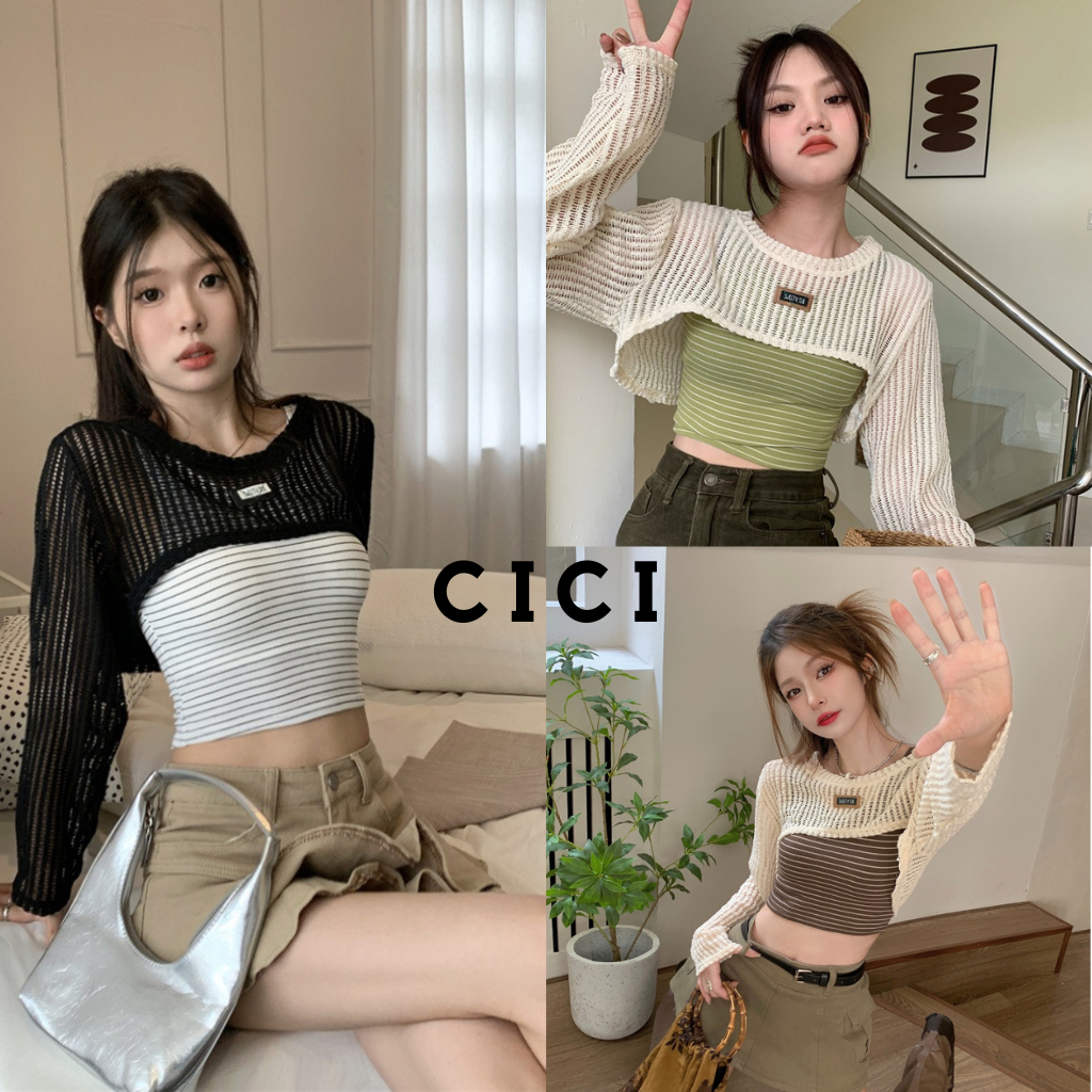 ส่งทันที Cici(NO. J307)SET สายเดี่ยว+เสื้อคลุมซีทรูเบาๆบาๆ สายเดี่ยวลายทางน่ารักสไตล์เกาหลีสุดๆ