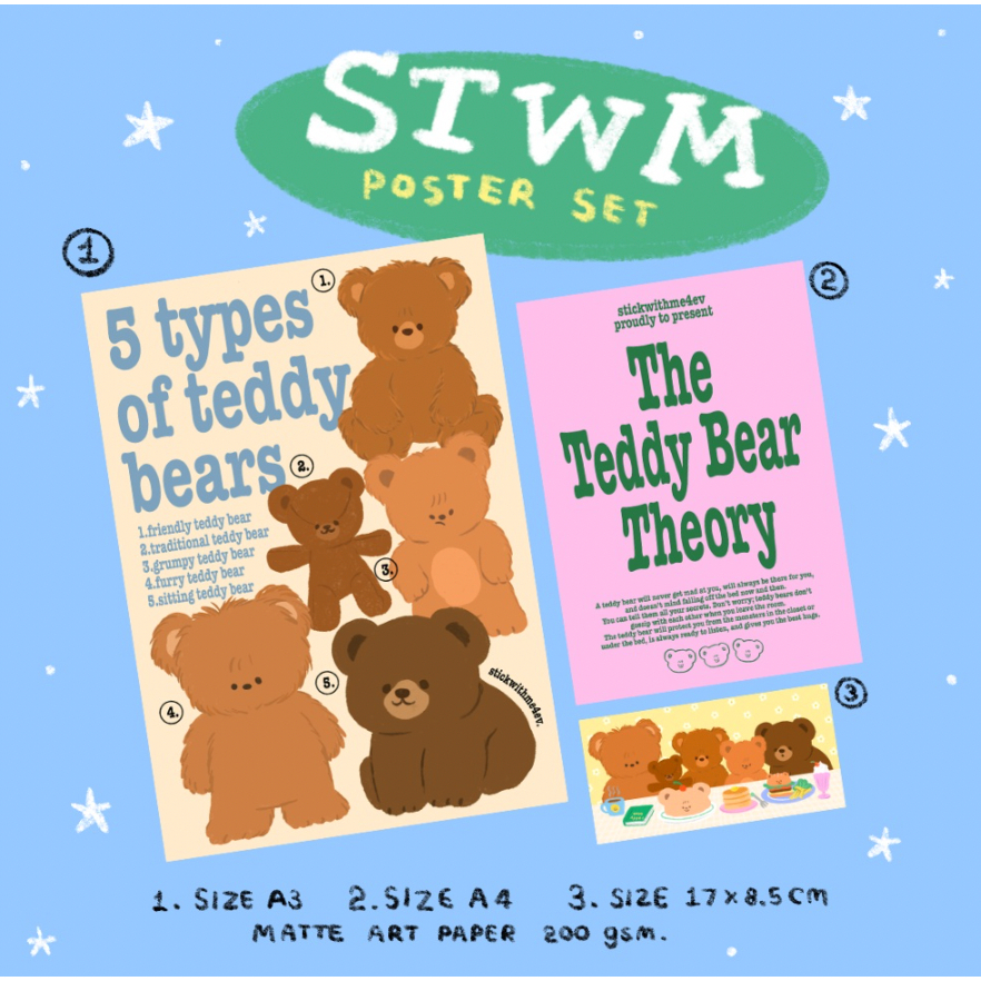 5Teddy poster set เซตโปสเตอร์ติดผนังสุดน่ารักมีสามแผ่นในเซตเดียว สำหรับตกแต่งห้อง ลายน้องหมีเท๊ดดี้ | Stickwithme4ev