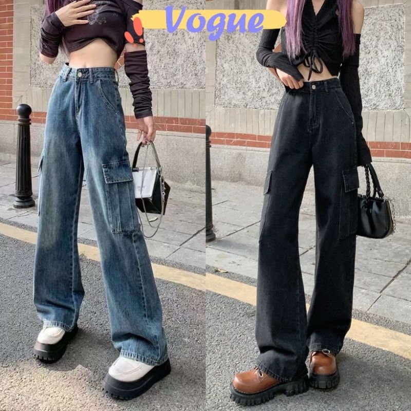 Vogue พร้อมส่ง กางเกงยีนส์ เอวสูง ขายาว ทรงกระบอก กระเป๋าข้าง คาโก้เท่มาก (7079) -NZ