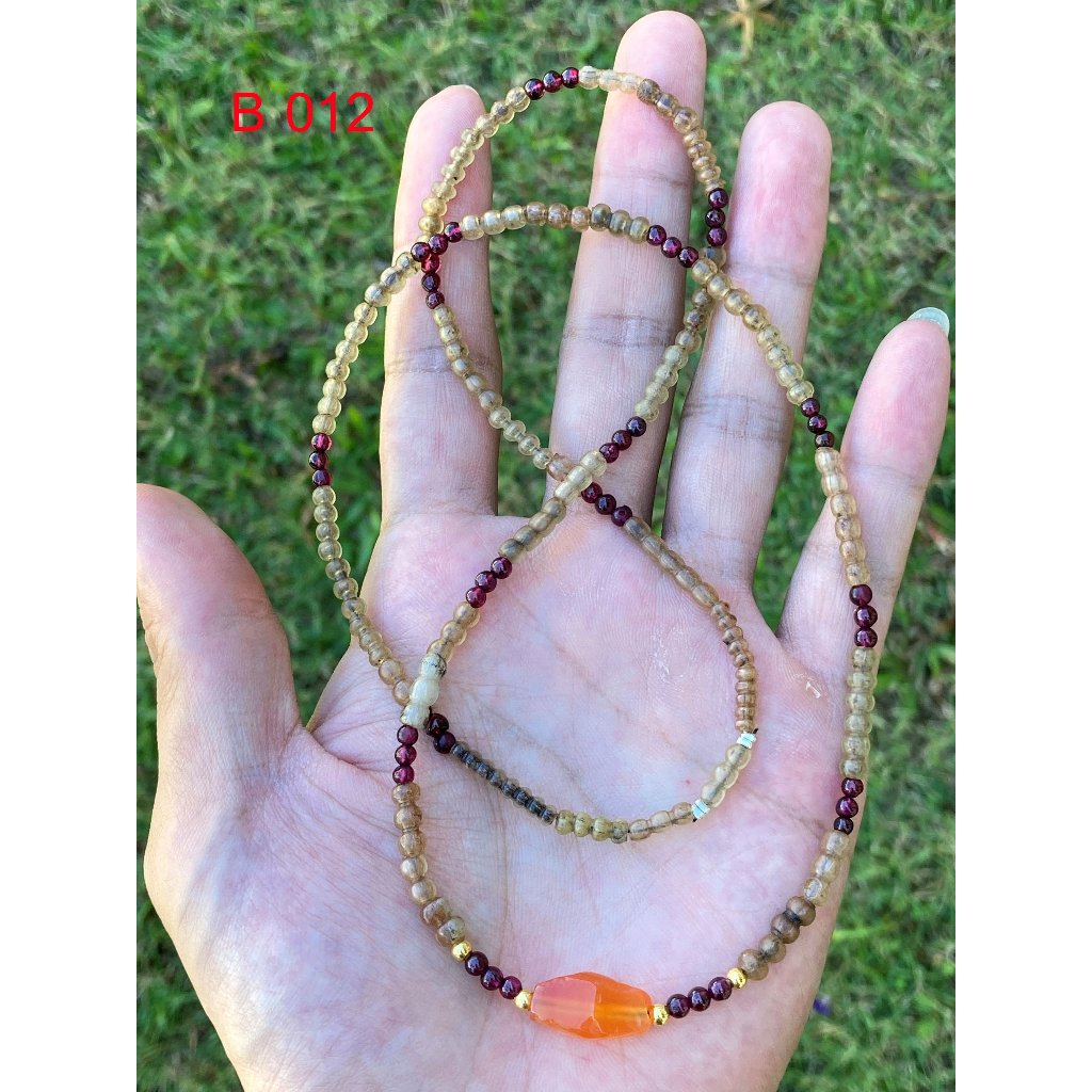 B 012 สร้อยคอลูกปัดโบราณ โกเมน แก้วอำพันทอง คาร์เนเลี่ยน