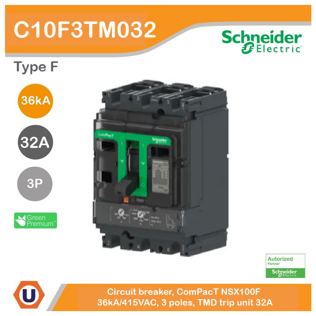 Schneider Circuit breaker, ComPacT NSX100F, 36kA/415VAC, 3 poles, TMD trip unit 32A I C10F3TM032 I U
