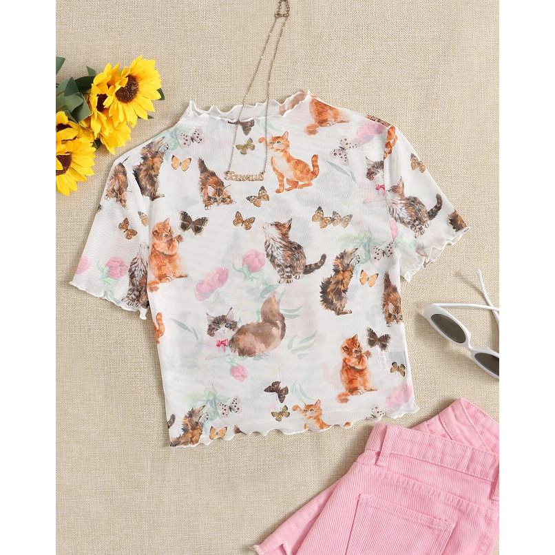 พร้อมส่งจากไทย เสื้อครอป แขนสั้น สีขาว ลายแมว ผ้าโปร่ง ผ้าตาข่าย ผ้าซีทรู คอตั้ง ขอบย่น sw2203070207903466