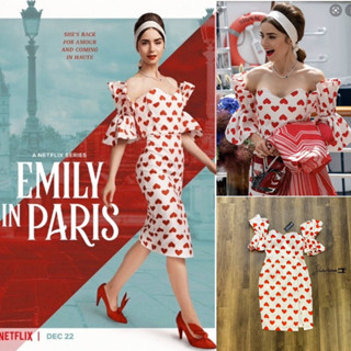 ชุดเดรสสีขาวลายหัวใจ เดรสเปิดไหล่ Emily in Paris dress เดรสสุดปัง เดรสไปเที่ยว เดรสหรู เดรสเดินห้าง เดรสออกงาน