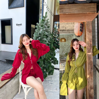 ♥️💚 เซตที่สาวๆถามถึง เซตเชิ้ตโอเวอร์ไซร์ ผ้าฝ้ายสาลู แขนพอง เลเยอร์3ชั้น