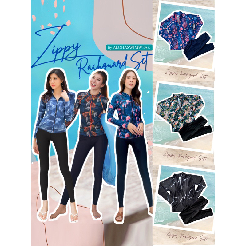 L XL XXL เซ็ทเสื้อแขนยาวซิปหน้า “โทนสีเข้ม” พร้อมกางเกงว่ายน้ำขายาว