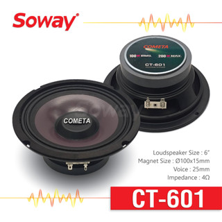 Soway CT-601 ลำโพง เสียงกลาง ขนาด 6" แม่เหล็ก Ø100x15mm Voice: 25mm 4Ω จำนวน 1 คู่