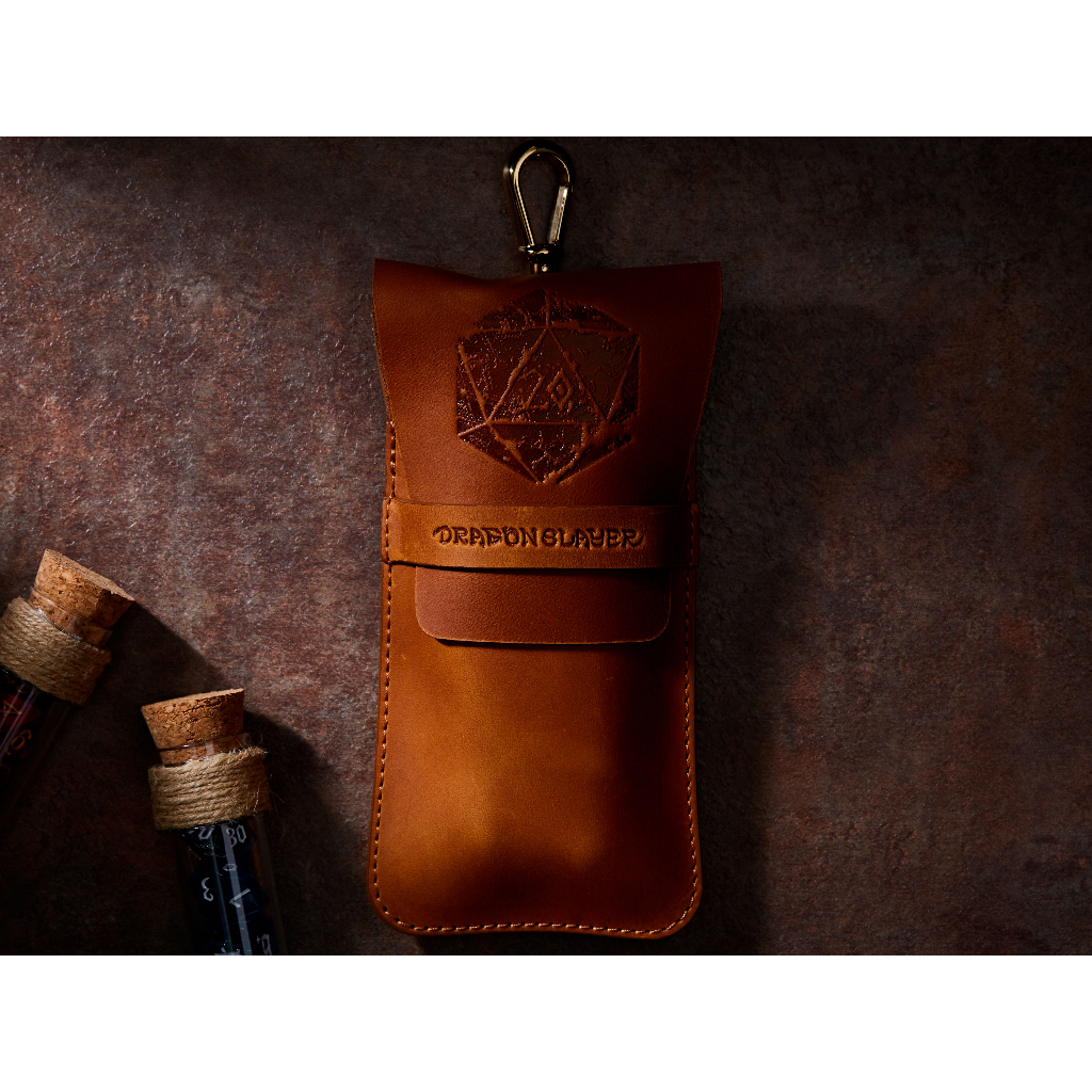 Antique D20 RPG Double Potion Bag | Large Dice Bag | Tan Leather Bag With Dice Potion Flask Set | Di