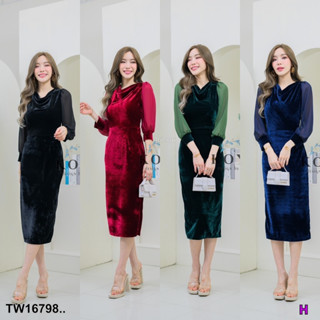 MM16798 เดรสกำมะหยี่ แขนยาวแต่งแขนชีฟอง คอถ่วง Velvet dress, long sleeves, chiffon sleeves, halter neck