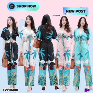 TwinsShopVip💗พร้อมส่ง TW18400 Set 2 ชิ้น เสื้อผูกโบว์อก พิมพ์ลาย + กางเกงขายาว พิมพ์ลาย ..