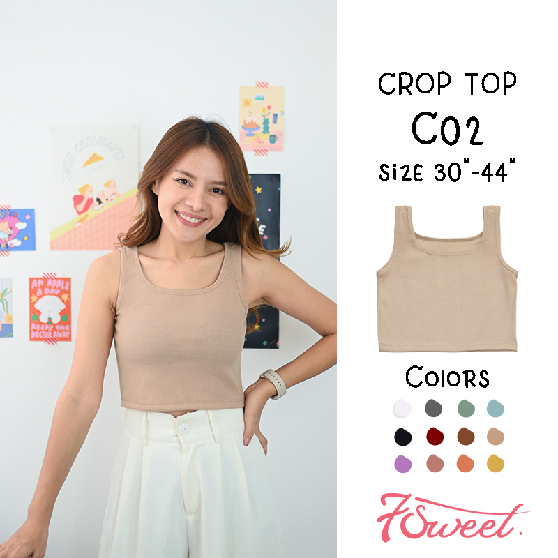 [C02] เสื้อครอป แขนกุด ผ้าร่อง สีพื้น มินิมอล เสื้อกล้ามครอป crop