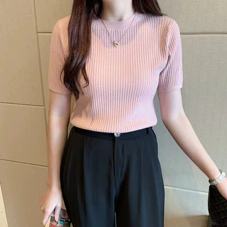 เสื้อแขนสั้นผู้หญิง เสื้อแฟชั่นผู้หญิงสีพื้น เสื้อไหมพรมคอกลม คุณภาพดี ใส่สบาย