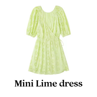 🥣🎾Lime dress🎾🥣 ชุดเดรสสีเขียวมะนาวกระโปรงสั้นลายฉลุ คอวี