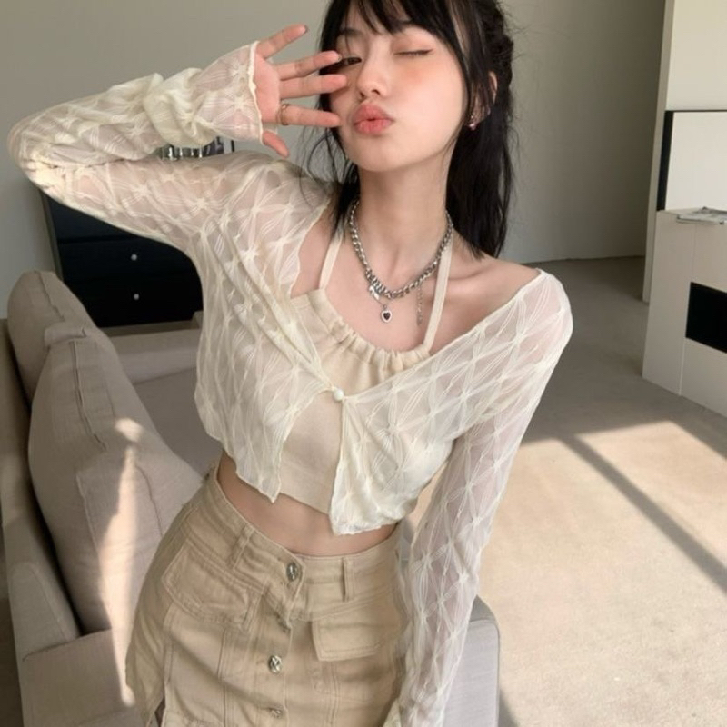 1LDK พร้อมส่ง เสื้อซีทรูแขนยาว(ไม่ได้เสื้อด้านใน) ผูกเชือกครอป ผ้าเบาบางใส่สบาย(8K12-1)