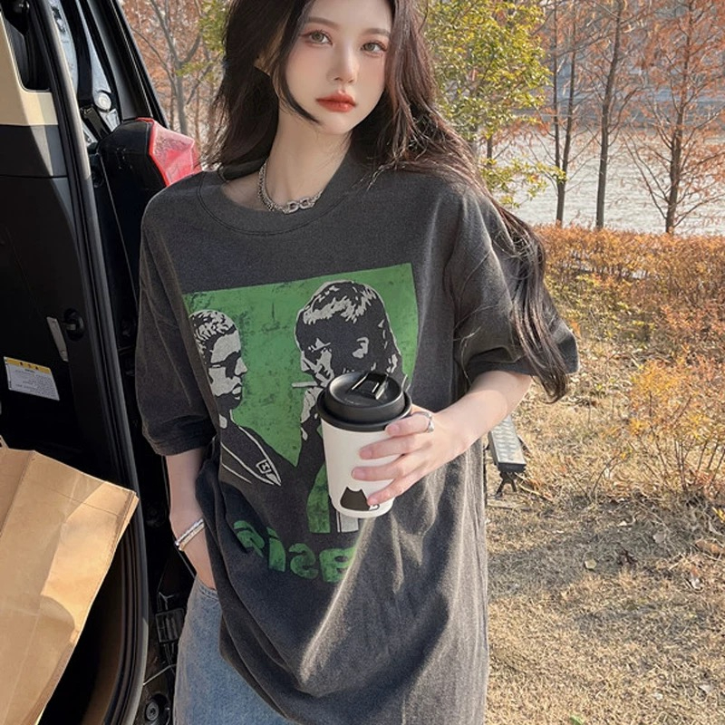 aililai1688เสื้อยืดแฟชั่น แขนสั้น ลายวินเทจ เทาดำสวยๆเท่ๆ มีไซส์ให้เลือก M-XXL ใส่สบาย