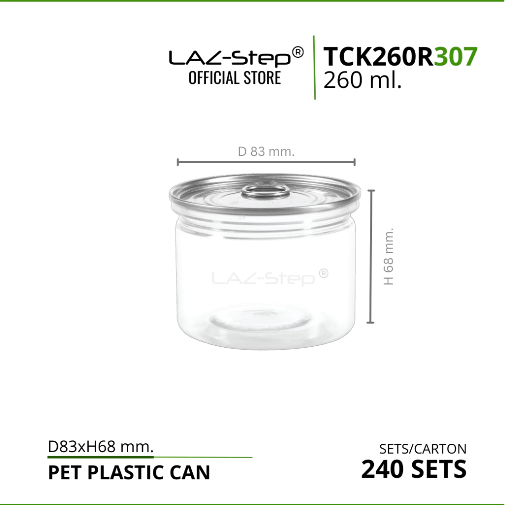 LAZ-Step กระป๋องพลาสติกฝาดึง PET CANS TCK260R307 ขนาด 260 ml. บรรจุลังละ 240 ชุด ต้องปิดด้วยเครื่องปิดฝากระป๋อง