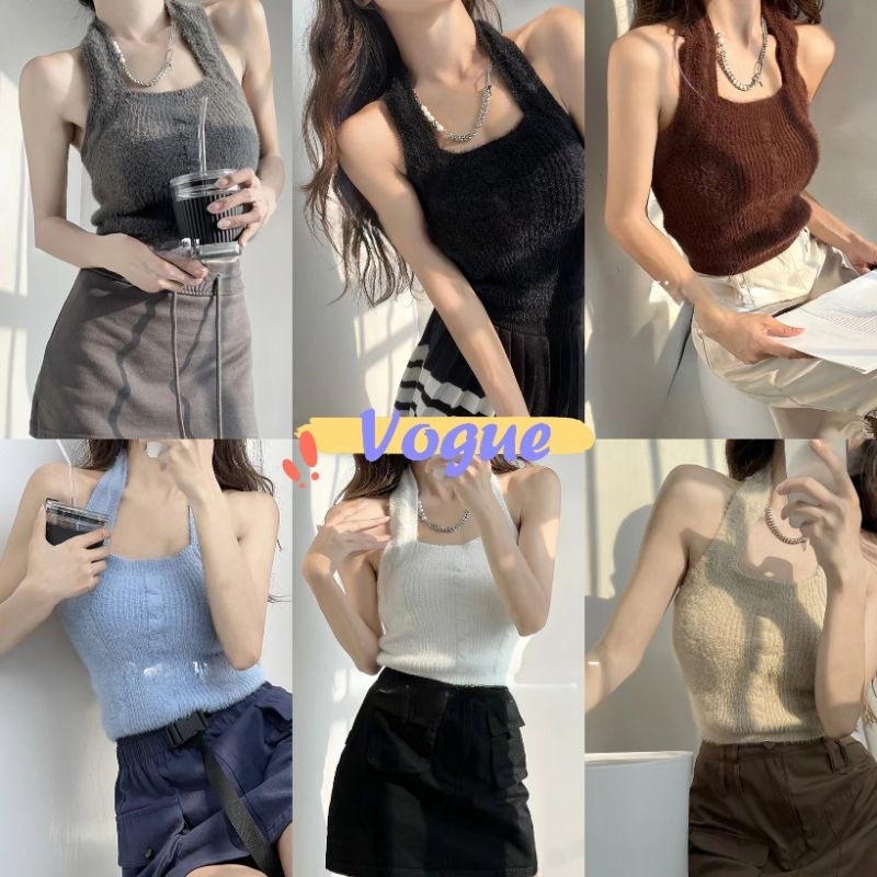 Vogue พร้อมส่ง เสื้อคล้องคอไหมพรมขนมุ้งมิ้ง เว้าหลังเล็กใส่สบายมาก มี6สี (1598New) -N
