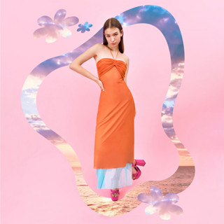 RICHIERICH By TandT - TWO-TONE HALTER NECK RUCHED STRETCH MAXI DRESS เดรสยาวคล้องคอเข้ารูปกระโปรงบาน รูดย่นช่วงหน้าอก