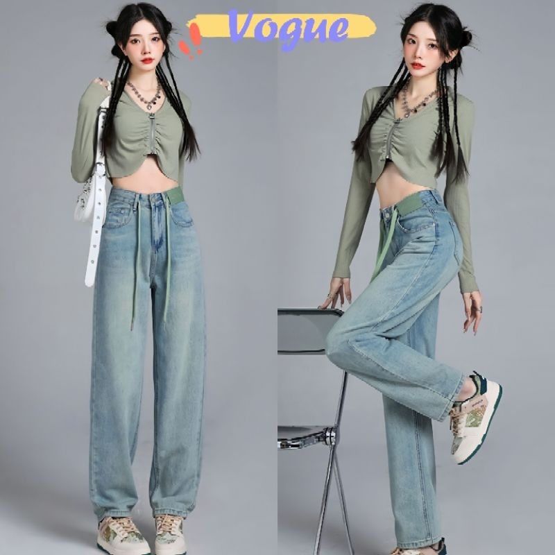 Vogue พร้อมส่ง กางเกงยีนส์ เอวสูง ขายาว สีฟ้าเฟด ทรงกระบอกใส่สบาย (1609) -NZ -N