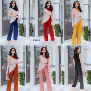 13478 Set 2 ชิ้น เสื้อครอป แขนกุด + กางเกงขายาว ตัดต่อสีทูโทน Set of 2 pieces: sleeveless crop top + long pants