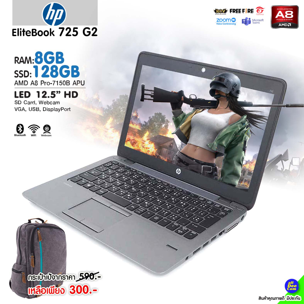 โน๊ตบุ๊ค HP EliteBook 725 G2 / RAM 8GB / SSD 128GB / SD Card / USB / WiFi / กล้องหน้า คอมมือสอง by AllDeeCom