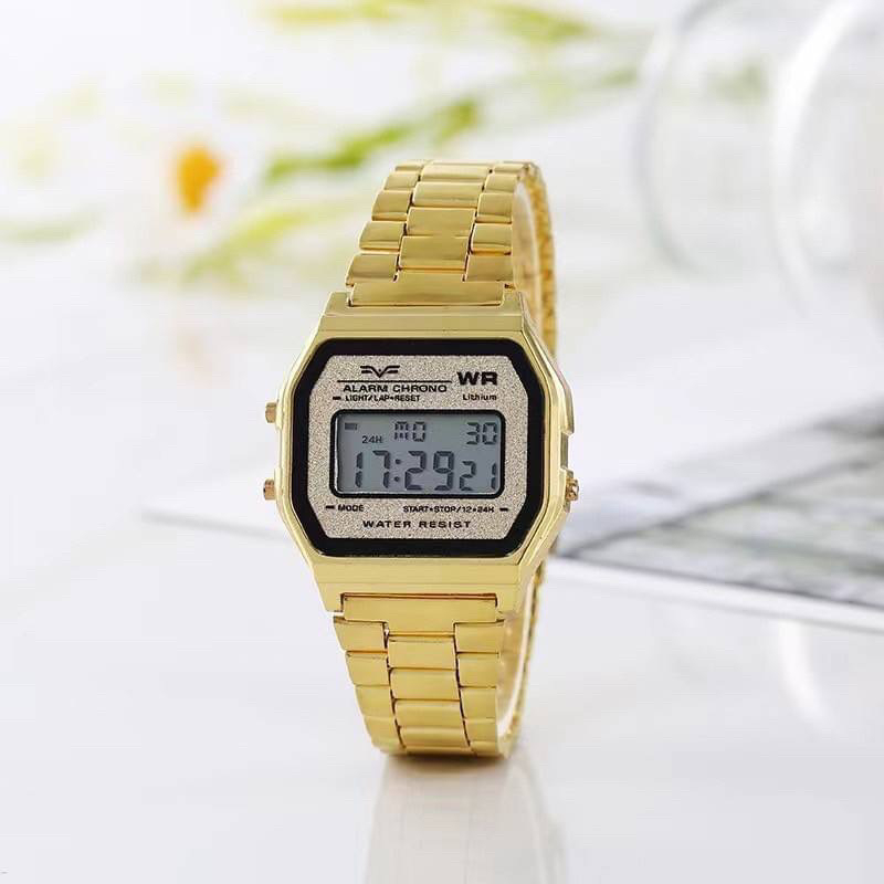 SOLOSใหม่ล่าสุด158F นาฬิกาข้อมือควอตซ์ดิจิทัลช LED กันน้ำ สีทอง สีเงิน สําหรับผู้หญิง และผู้ชาย - รูปที่ 6