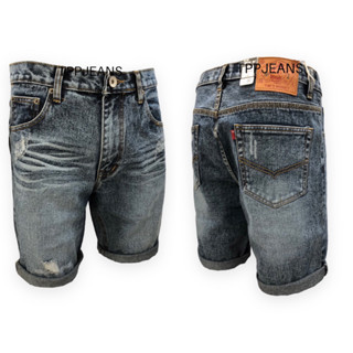 JEANSEXPRESS Mens Shorts กางเกงยีนส์ขาสั้นบลูฟอกคราม แต่งสะกิดขาด เป้าซิป Size 28-36 รับชำระปลายทาง