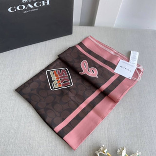 ผ้าพันคอ Coach Signature Ski Patches Print Silk Square Scarf สีน้ำตาล ผ้าไหม silk ce143