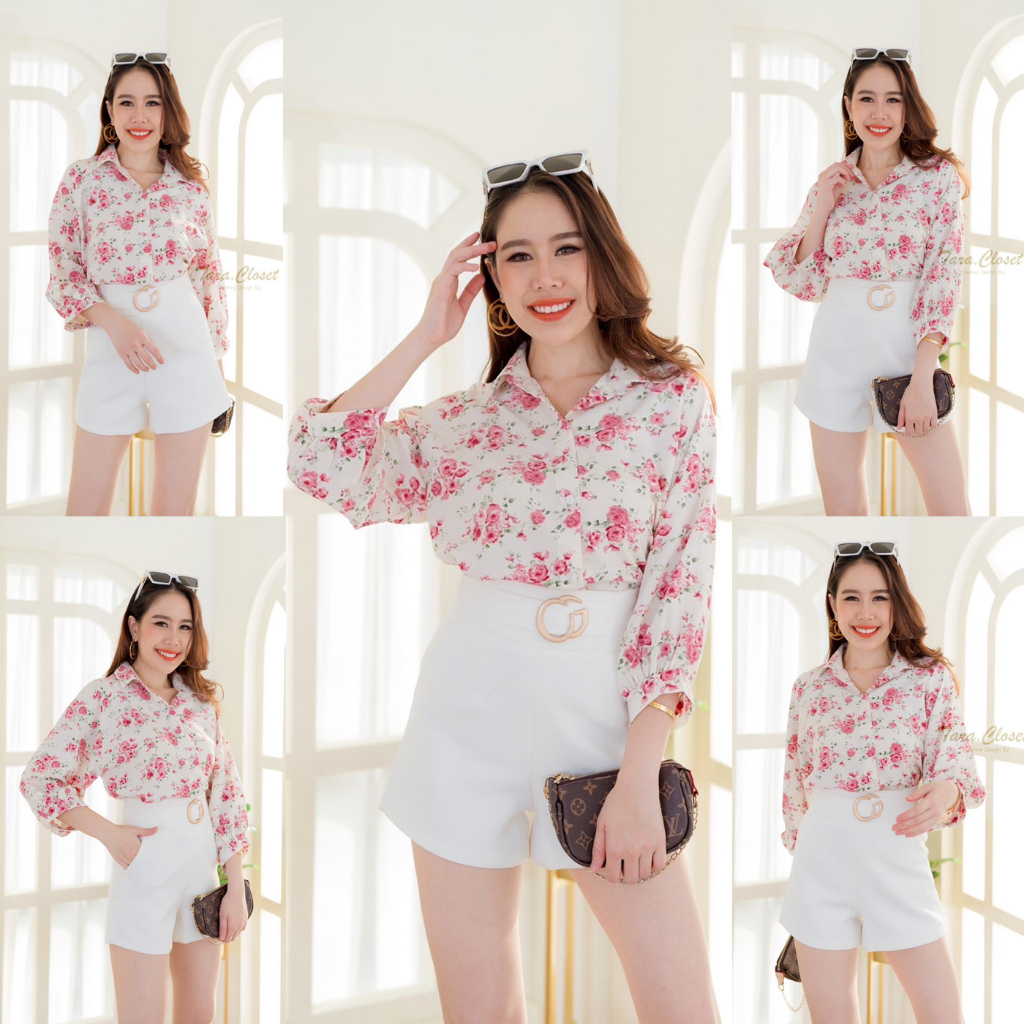 VA066 TARA Shirt เสื้อเชิ้ต ไหล่สโลป แขน 5 ส่วน เนื้อผ้าไหมอิตาลี พิมพ์ลาย ผ้าลื่น ผ้าดี ผ้าไม่ต้องรีด ใส่สบาย ไม่ร้อน
