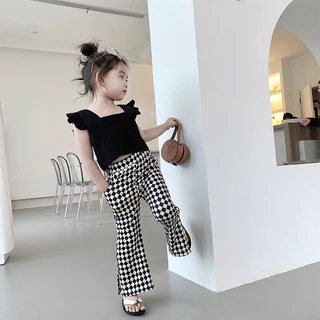 Babyonline(Y014)F2-3 (ส่งด่วน1วัน)ชุดเซ็ต2ชิ้นเสื้อแขนกุดแบบผูกโบว์โชว์หลังพร้อมกางเกงขายาวลายสก็อต ผ้าฝ้าย