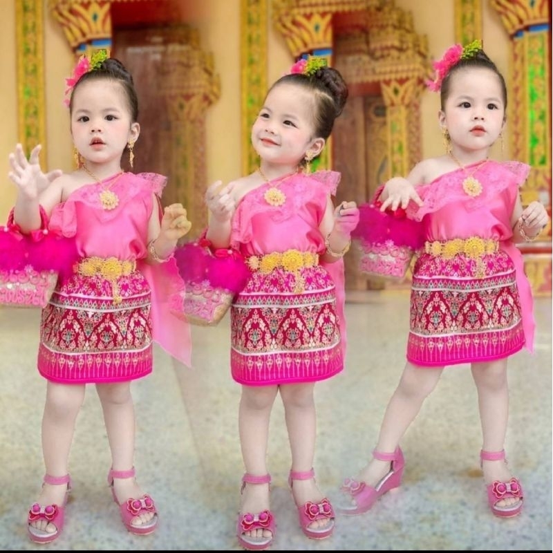 si ชุดไทยเด็กผู้หญิง ชุดไทยเด็ก สไบ ผ้าถุงลายไทย ลอยกระทง