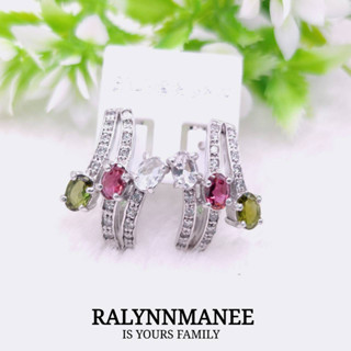 U6424 ต่างหูพลอยทัวร์มาลีนแท้ ( Tourmaline ) แบบอิงลิชล็อค ตัวเรือนเงินแท้ 925 ชุบทองคำขาว