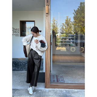 กางเกงหนังPU+Cotton เอวสูงทรงขากว้าง (พร้อมส่ง S,M)black,Ivory